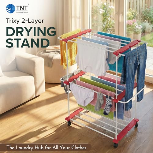 Image of TNT THE NEXT TREND Trixy 2 Layer Carbon Steel Indoor & Outdoor Clothes Drying Stand with U-Bar, Wheels, 33.4 ft Drying Space, (L96 x B45.3 x H119.5 cm), 5 Year Rust Proof Warranty, Cherry