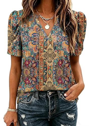 Image of Zeagoo Women Blouses Puff Short Sleeve Tops V Neck Dressy Casual Spring Shirts Boho Floral Cute Clothes 2026