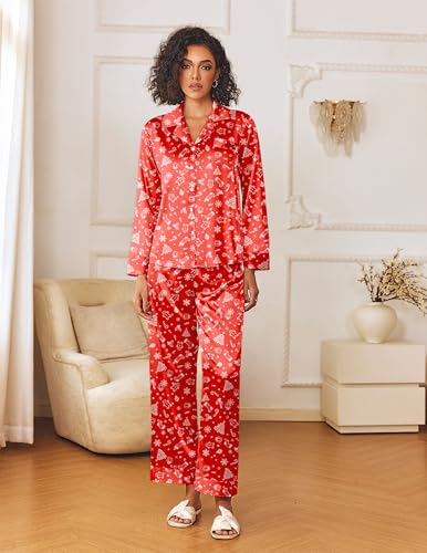 Image of Ekouaer Womens Silk Satin Pajama Sets 2 Piece Sleepwear Pjs Set Long Sleeve Button Down Top and Pants Stripe Loungewear S-XXL