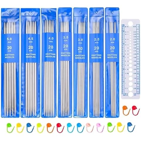 Zuoyou 35pcs Double Pointed Knitting Needles Set, 7 Sizes Stainless Steel Knitting Pins 2 mm to 5 mm, for Weaving Project Beginner (20cm/ 7.9inch Long) Cover
