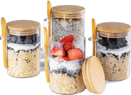 Image of MHDCLY Overnight Oats Containers with Lids,16oz Overnight Oats Jars 4 Pack, Oatmeal Cups,Meal Prep Containers,Glass Meal Prep Containers with Lids,China Pudding Jars