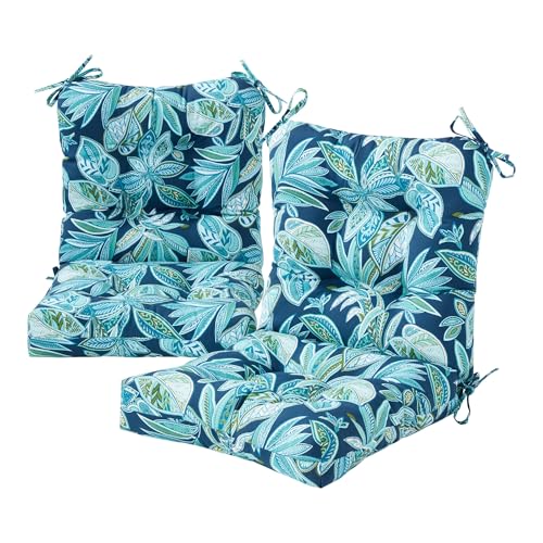 Tufted Outdoor Chair Cushions – Hinged One-Piece Design, Reversible Patio Seat & Back Cushion with Ties, Durable Polyester Fabric, Recycled Polyfiber Fill, Set of 2, Botanical Crestwood