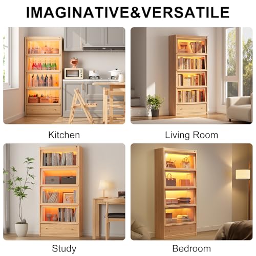 Image of AnywaysWood 73 inch H Tall Solid Wood Bookcase with Flip-Up Tempered Glass Doors and 3 Color Led Lights,4 -Tier Wooden Bookshelf with 1 Drawer,Display Cabinet Kitchen Pantry for Living Room,Office