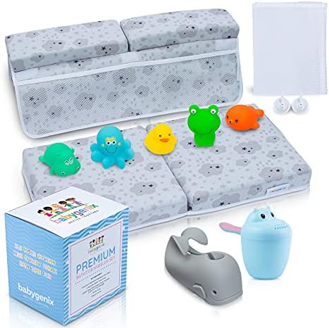 Babygenix Bath Kneeler & Elbow Rest Pad Set- 1.75" Thick Bathtub Kneeler Mat & Arm Rest with 4 Pockets for Bathing Baby Includes All Shown. 5 Bath Toys, Rinse Cup, Spout Cover, Mesh Bag & Custom Box.