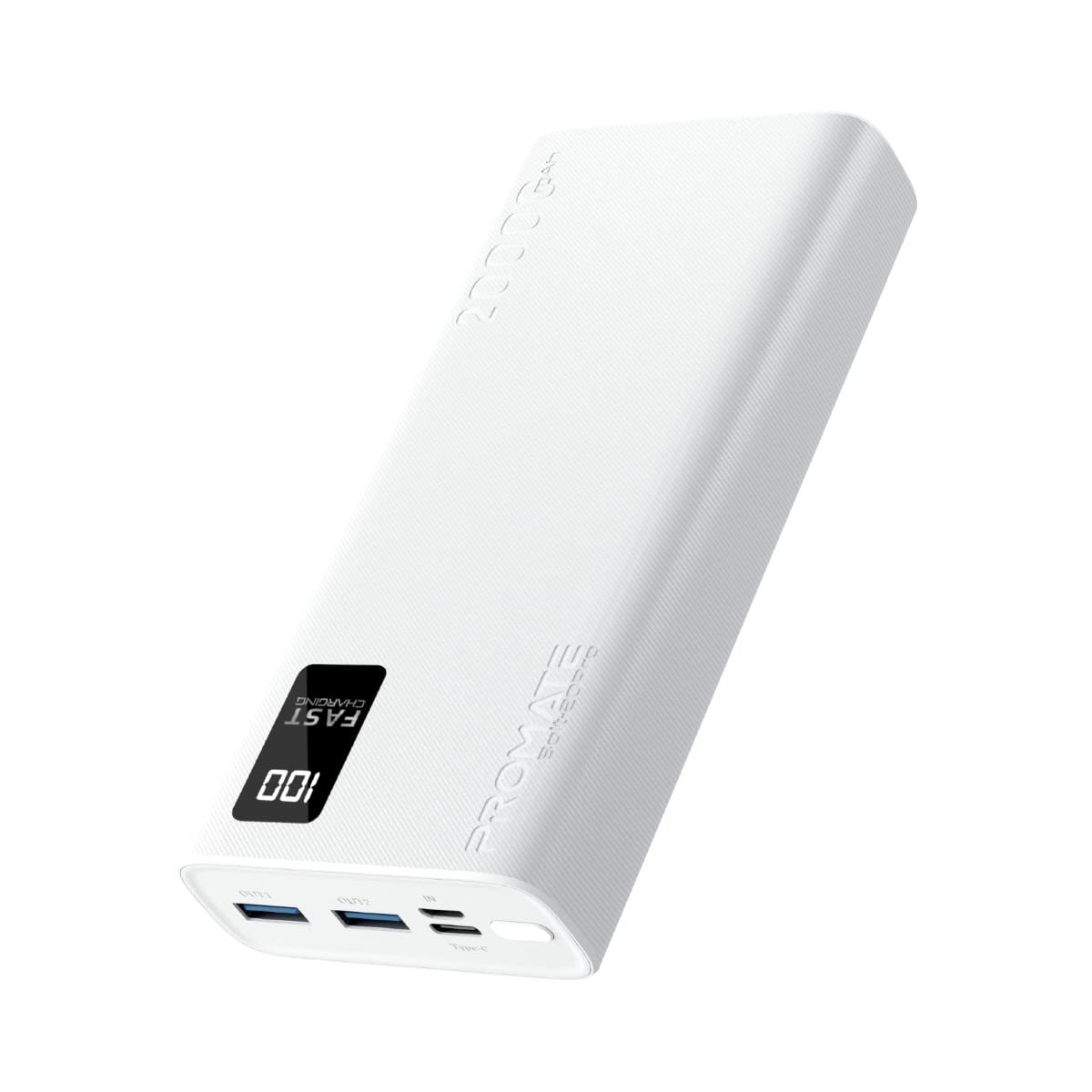 Zewnętrzna bateria Bolt-20Pro Powerbank Ultra-Slim 20000mAh 3-w-1 Dwa porty USB-A Port USB-C 10 W Inteligentny wyświetlacz LED Wielofunkcyjna ochrona Biały