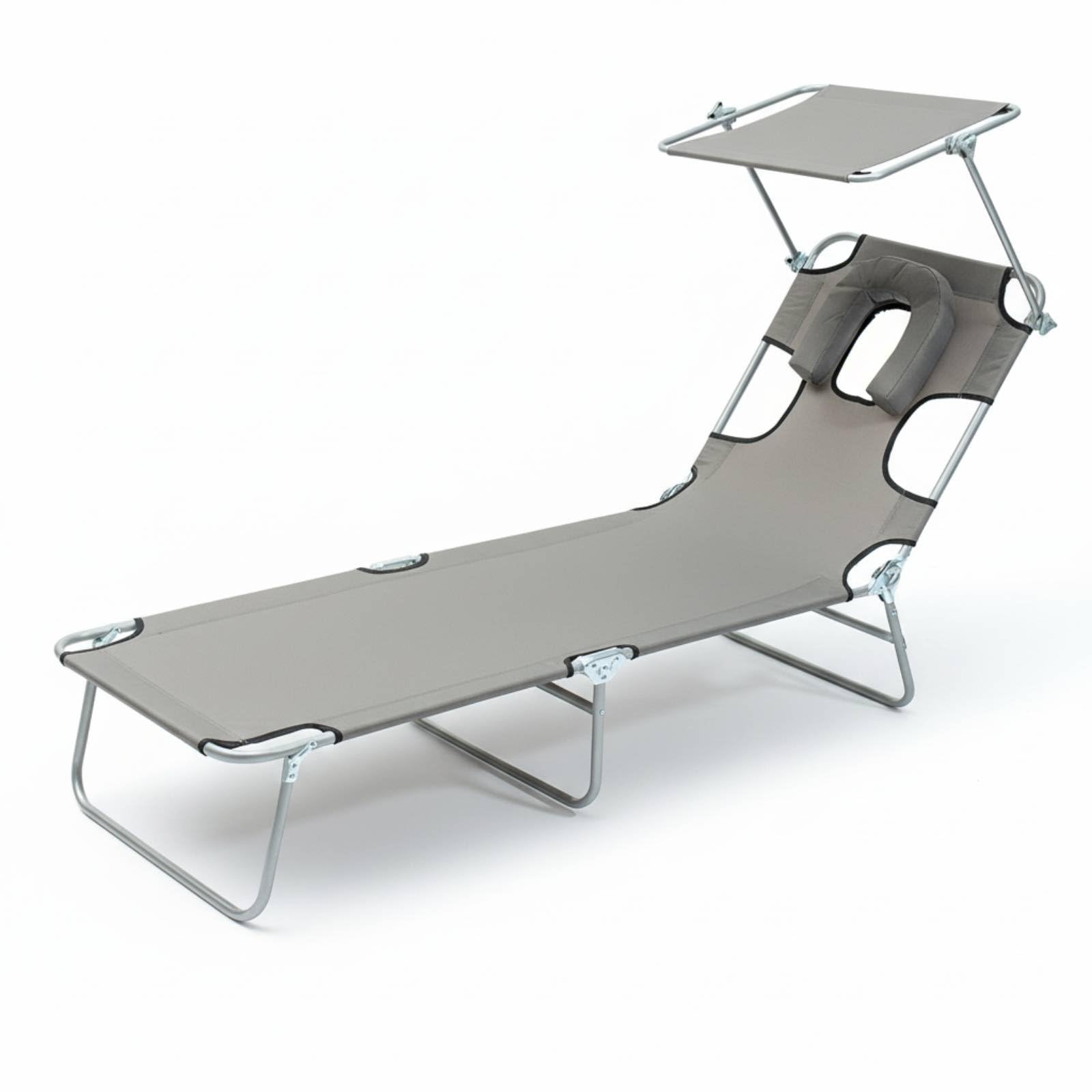 Chaise longue pliante gris en tissu Oxford avec dossier réglable multi-positions
