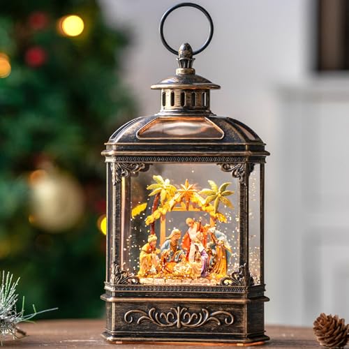 Christmas Snow Globe Lantern Lighted Manger Nativity Scene, Musical Water Lantern Play Silent Night Music in Swirling Glitter, Holiday Decorations Gift