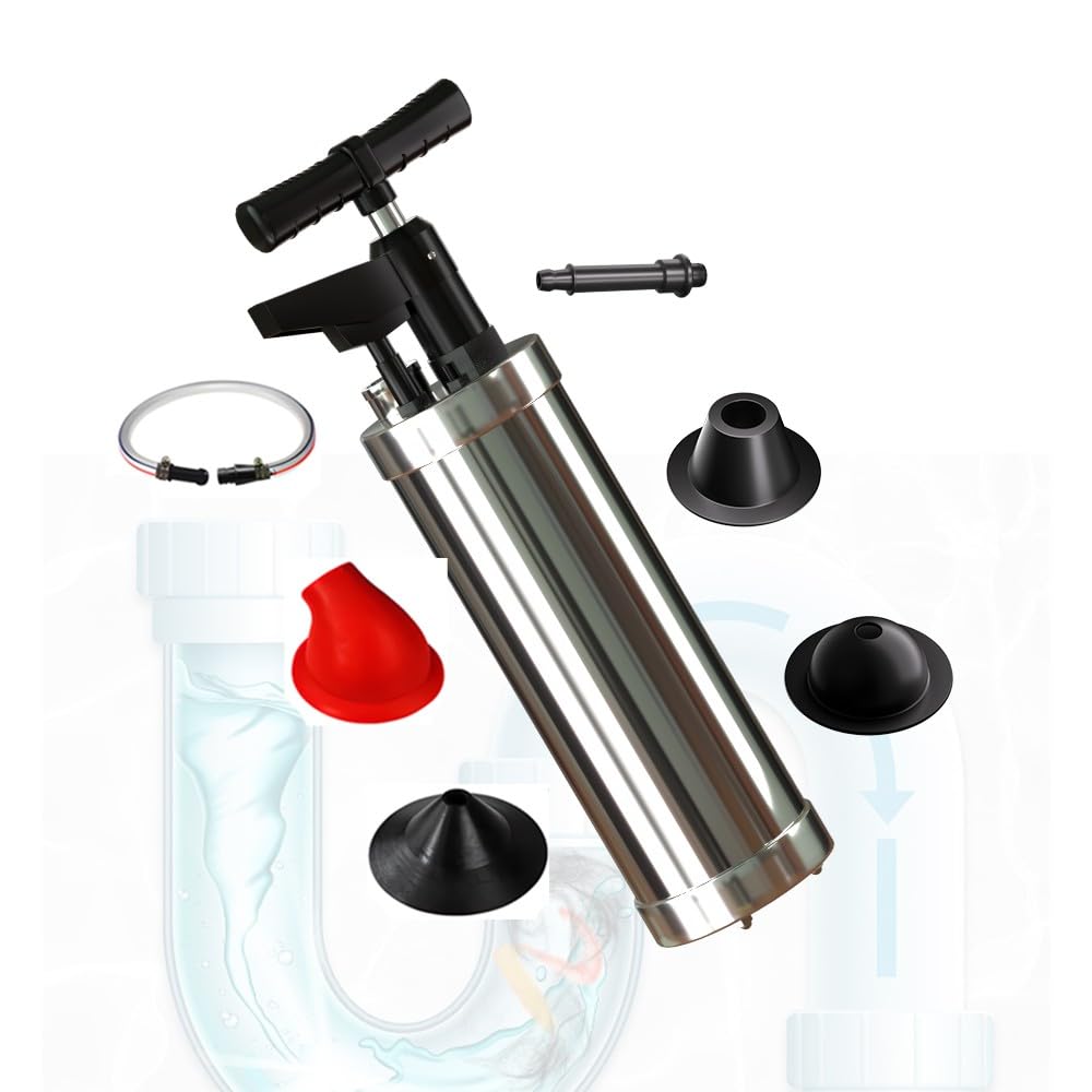 Desatascador Tuberias Profesional con 4 Cabezales Reemplazables, Desatascador WC de Alta Presión con Manómetro, Desatascador a Presión Desatascador, para Inodoro Baño Cocina