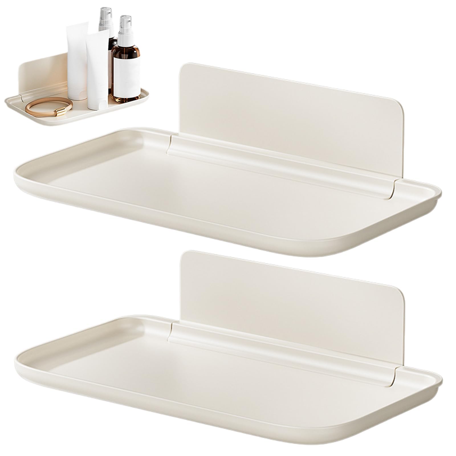 Whispern Cloud Foldable Wall Storage Holder Rack, Plastic Floating Shelf Stick on Wall for Kitchen Bathroom Office, Perforation Free Bedroom Bedside Shelf, 7 Inches, 2 Pieces