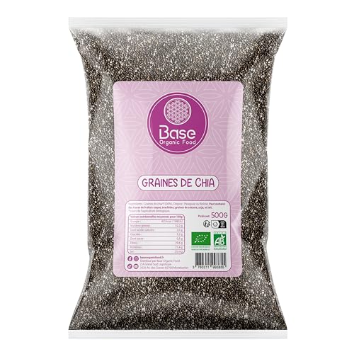 Graines de Chia Bio 500G | Vegan | Conditionné en France | Cuisine | Desserts | Pâtisserie | Neutre en goût | Sans OGM | BASE ORGANIC FOOD