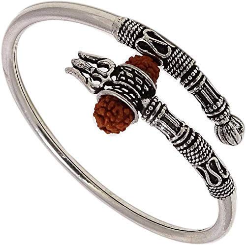 The Advitya Rudraksha Trishul Damroo Designer Oxidised Silver Metal Cuff Kada Bracelet for Men & Women