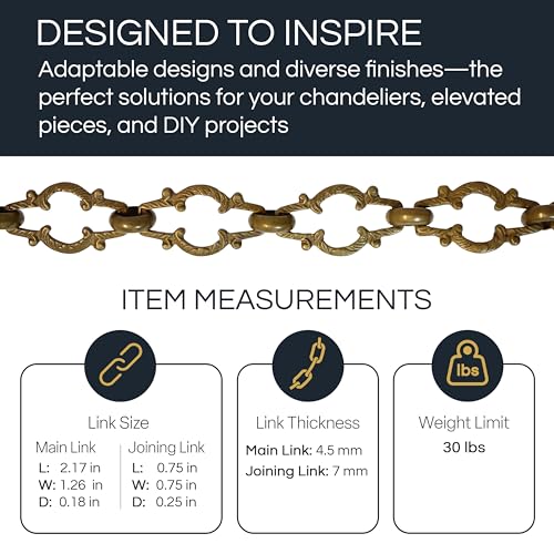 Image of RCH Hardware Decorative Polished Solid Brass Chain for Hanging, Lighting - Motif Unwelded Links (1 Foot)