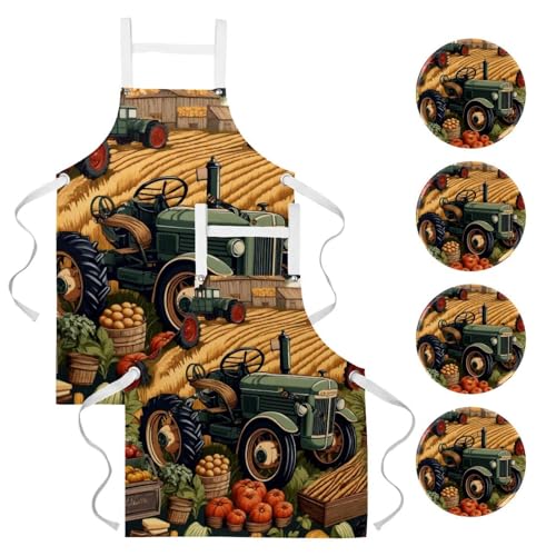 Lot de 2 tabliers de cuisine avec motifs tracteurs à la ferme et 4 broches