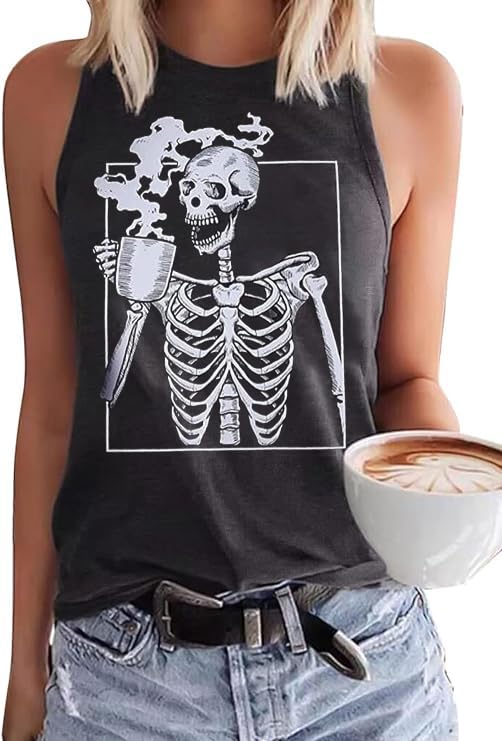 PUCKOLITY Halloween Tank Tops for Women Funny Skull Skeleton Graphic Casual Shirts Sleeveless Workout Vest Fall Tee TopsL 2 Dark Grey