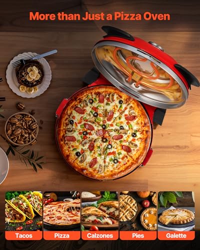 VEVOR Pizzaofen elektrischer Pizzamaker 1200 W Pizzakocher mit Cordieritstein, 5-stufige Temperaturregelung, Sichtfenster für präzises Kochen, erhitzt bis zu 420 °C, Backofen für Zuhause (rot)