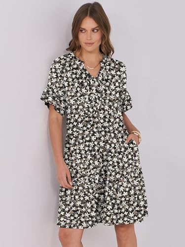 Image of ANRABESS Women's Summer Casual Dress, V-Neck Ruffle Sleeve Tiered Mini Dress, Soft Comfy Fabric with Pockets for All-Day Wear