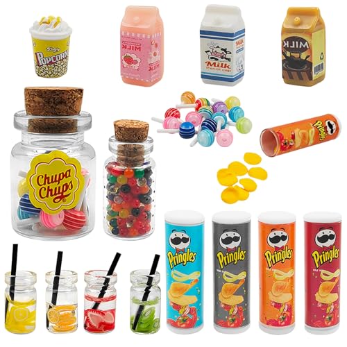 RAFIYU Mini Nourriture Jouet 1/12, 18 Pcs Nourriture Miniature pour Poupée, Mini Boisson Alimentaire pour Maison de Poupee, Miniature Accessoires de Cuisine en résine