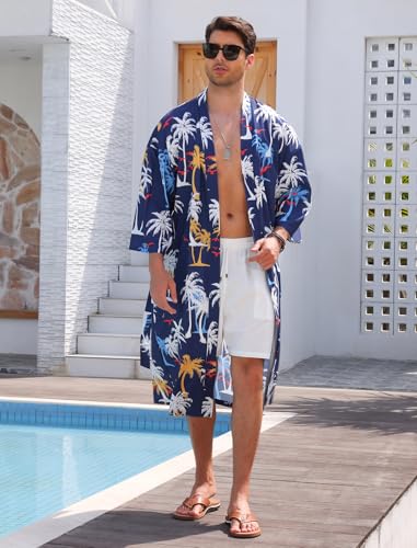 ODIZLI Men's Kimono Robe Tropical Print Long Sleeve Open Front Robe with Belt Japanese Bathrobe Nightgown for Beach Vacation4