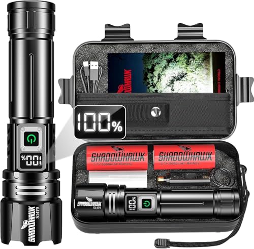Shadowhawk Linternas alta Potencia 24H Iluminación | Militar 500000 Lumens 30W Linterna LED Potente Rechargeable(2pc 5000mah Batería), Tactica para Camping/Emergencias/Senderismo, Pantalla LCD & IP67