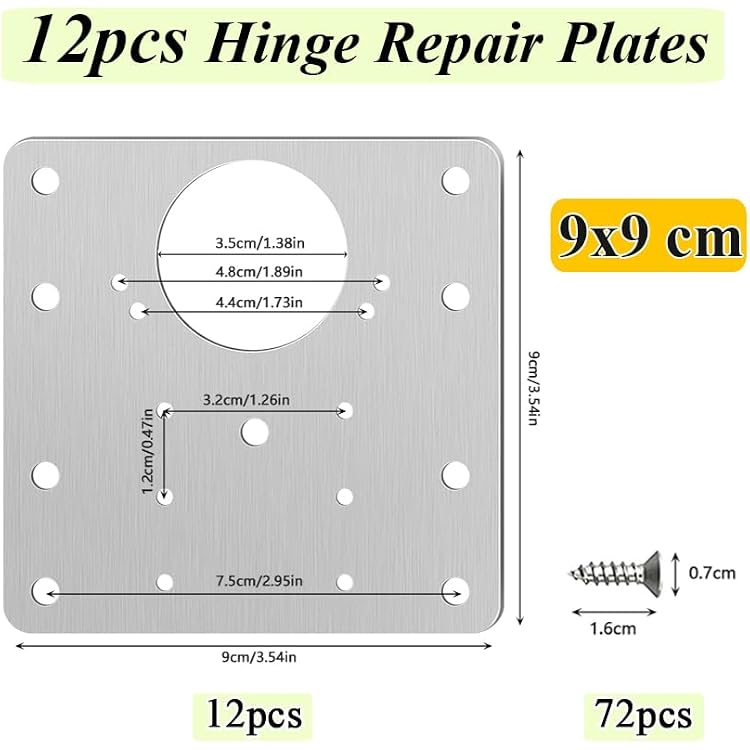 12 Pack Hinges Repair Plate Set, Stainless Steel Drawer Hinge Replacement Plates Kit, Kitchen Cabinet Cupboard Door Hinge Fixing Brackets with 72pcs Screws for Furniture Wardrobe Mending Kit