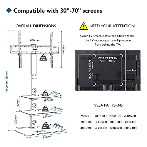 BONTEC TV Ständer für 30-70 Zoll LED OLED LCD Plasma Flach & Curved Fernseher bis 40 kg, Höhenverstellbarer Hoher TV Bodenständer mit 3 Stufigen Regalen aus Gehärtetem Glas, Max. VESA 600 x 400 mm