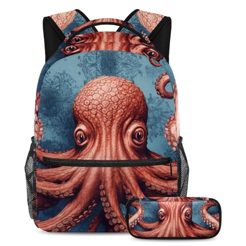 Cartable ensemble sac à dos avec trousse motif pieuvre bleu profond pour garçons et filles