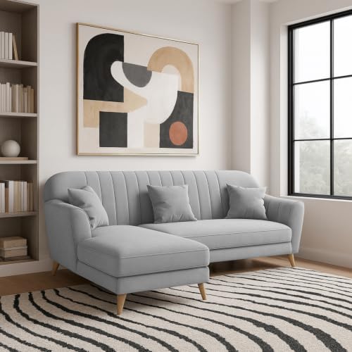 Image of Atticus LHS 4 Seater L Shape Sofa Set with Ottoman for Living Room (Grey Fabric) Premium Fabric Sofa Set