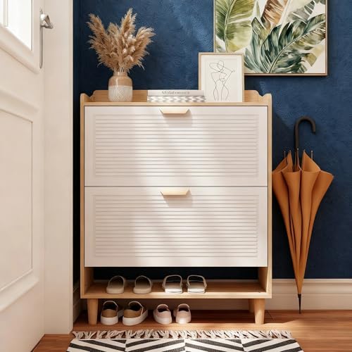 31.5 Inch Nordic Shoe Storage Cabinet with 2 Flip Drawers, Freestanding Hidden Shoe Organizer with Solid Wood Legs, Narrow Slim Shoe Rack for Entryway Hallway Front Door