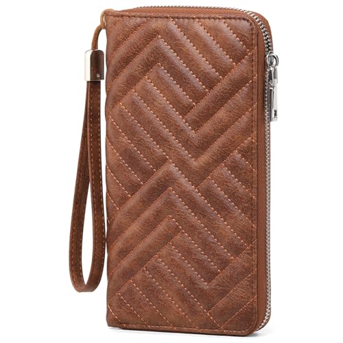 Genuine Leather Wallet for Women RFID Blocking Large Capacity Long Clutch Wristlet Purse (Brown)