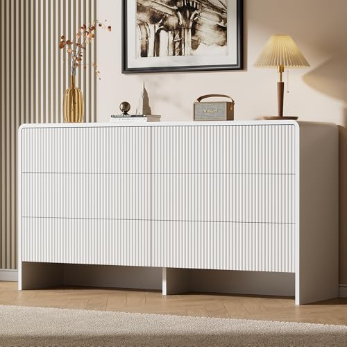 Image of Furniway 55 inch Wide Modern Dresser for Bedroom, 6 Drawer Chest of Drawers with Curved Design, Push-to-Open Storage Dresser, White