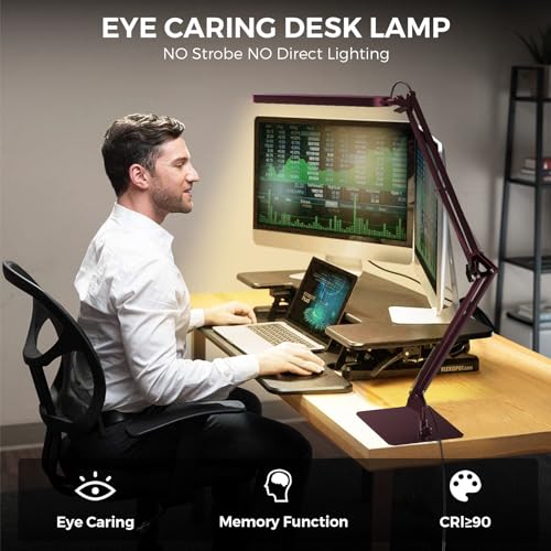 Image of SKYLEO LED Desk Lamp with Slim Base - Adjustable Swing Arm Desk Light, Dimmable, Timer, Eye Protection, Memory Function, 1300LM, 12W, Red