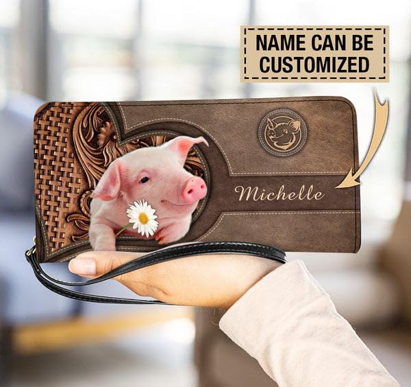 Personalized Pig Flower Women Leather Wallet, Vintage Custom Name Pigs Farm RFID Blocking Zip Pocket Long Ladies Travel Clutch Wristlet, Gifts for Pig Lover Girl Daughter Mom (One Size, Pig)