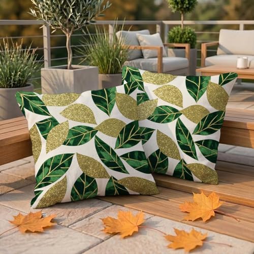 Funda Cojin 50x50 cm Juego de 2 Funda Cojin Exterior Impermeable, Decorativos de Lino Fundas de Cojines con Cremallera Oculta, Verde Cojines Sofa para Exterior Dormitorio Sala Patio (Hoja) W-F631