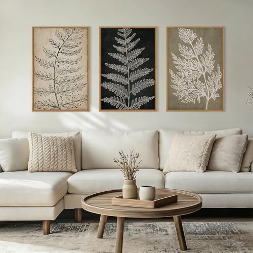 Image of KAIRNE Vintage Botanical Fern Framed Canvas Wall Art Set, Retro Fern Leaf Wall Decor, Rustic Black Tan Art Prints, Modern Minimalist Leaves Artwork for Living Room,Bedroom,Farmhouse,Office-24 x36 x3