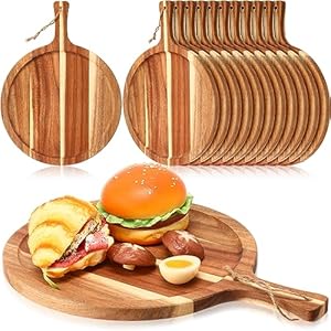 12 pack Acacia Wood Cutting Board Bulk with Handle Round Wooden Serving Board Kitchen Chopping Boards for Pizza Tray Paddle Bread, Cheese Charcuterie, Fruit, Vegetables