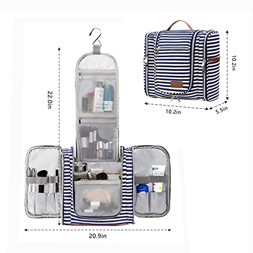 Pearl Angeli Hanging Toiletry Bag for Women, Large Makeup Cosmetic Bag, Water Resistant Toiletries Travel Essentials Organizer, Full-size Container, Navy-striped3