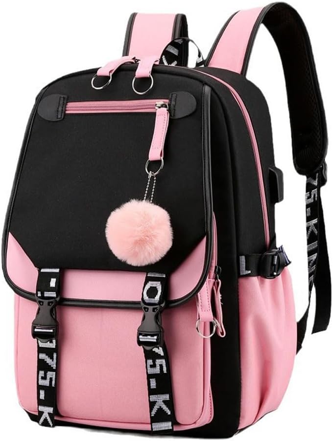 Backpack Laptop bag School Backpack for Girls Middle School Students Bookbag with USB Charging&Headphone Port (pink with black)