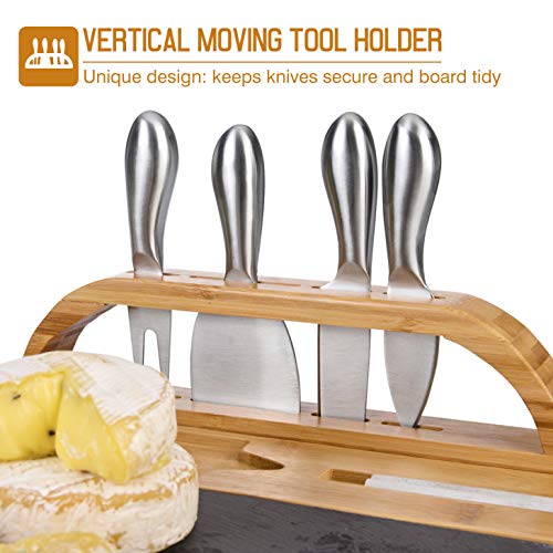 Mh Zone Bamboo Cheese Board Set Cheese Plate Cheese Tray (Upgrade Type 16" X 13") Charcuterie Board With 4 Stainless Steel Knife 1 Ceramic Dish, 2 Slate Labels And Markers #TOP1