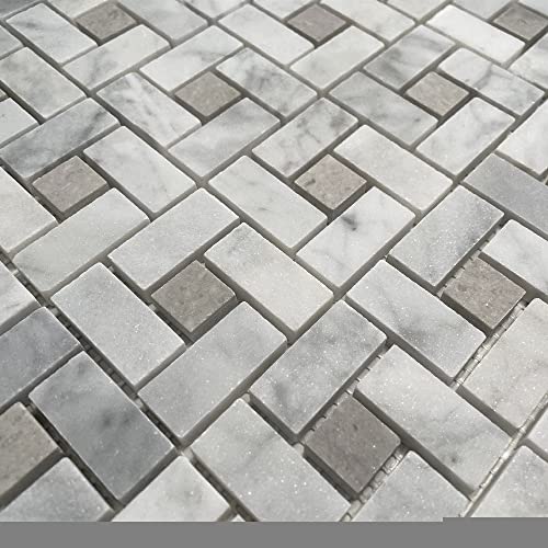 Stone Center Online Carrara White Marble Pinwheel Windmill Spiral Target Mosaic Tile W/ Cinderella Gray Tan Dots Honed Kitchen Bath Wall Floor Backsplash Shower (1 Sheet) #TOP4