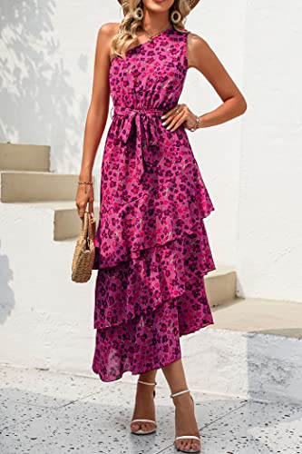 PRETTYGARDEN Women's Summer Floral Sundress Casual One Shoulder Tiered Ruffle Flowy Midi Beach Boho Dresses (Floral Rose Red,Small) - image 8