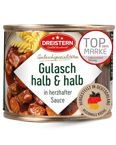 DREISTERN Gulasch vom Rind & Schwein 500g I Mit pikanter Sauce I Herzhaftes Fertiggericht in recyclebarer Konservendose I Lange Haltbarkeit dank natürlicher Konservierung I Hausmacher Qualität