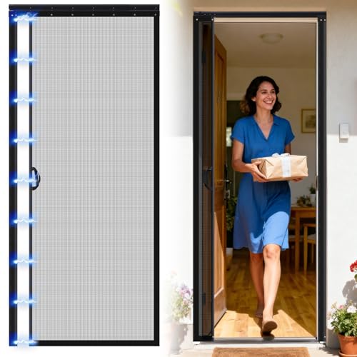 Beeveer Retractable Screen Door with Sliding Track Fits Door Size 36' x 96' (Curtain Size 38'' x 97'') Pet Friendly Magnetic Fiberglass Mesh Screen for Patio French Sliding Doors Weighted Bottom
