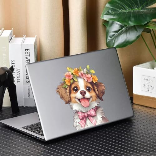 Image of Cute Animal Dog Car Sticker Waterproof PVC Double-Sided Printed Puppy Car Decal Funny Dog Peeking Decal for Car Window Bumper Truck Wall Laptop Car Decor (Flower Dog)