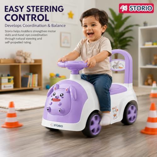 Image of Storio Rabbit Baby Ride-On Car Toy | Non-Battery Push Car for Kids with Backrest & Steering Wheel | Baby Ride On Toy for Boys & Girls 1-3 Years | Purple