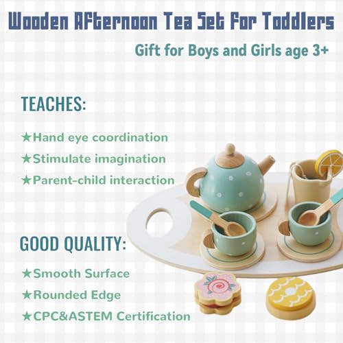 Wooden Tea Set for Little Girls, Play Food Pretend Play Kitchen Accessories for 3 4 5 Years Old Girls Boys, Toddler Princess Tea Time Party Food Toys (Afternoon Tea)
