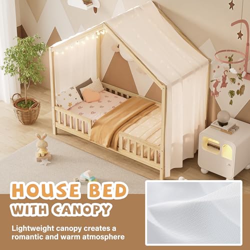Image of Twin Size Wood House-Shape Platform Bed with Roof Frame and Canopy, Montessori Floor Bed with High Railings and Slat Support for Kids Girls Boys, No Box Spring Needed (Natural-05, Twin)