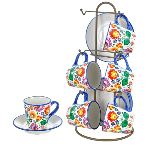 Baroni Home Juego de tazas decoradas de cerámica con platos y soporte, accesorio de cocina colorido resistente, línea Flora, 15 x 13 x 29 cm Baroni Home Juego de tazas decoradas de cerámica con platos y soporte, accesorio de cocina colorido resistente, línea Flora, 15 x 13 x 29 cm