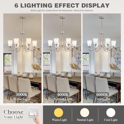 Image of Brushed Nickel Farmhouse Chandelier Rustic Dinner Room Chandelier with Frosted Milky White Glass Lampshade Silver Durable Metal Ceiling Hanging Light Fixture for Kitchen Island Living Room Over Table