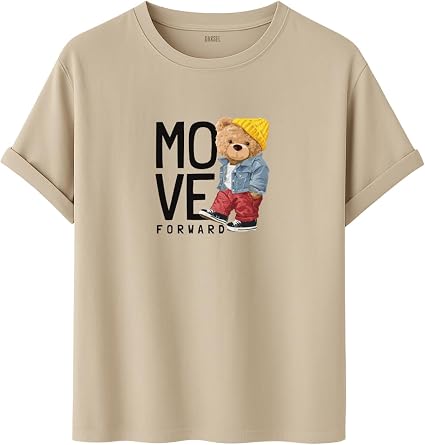 Unisex Oversize Ayıcıklı Tişört, Move Forward Yazılı, Pamuklu, Sokak Stili, Grafik Baskılı
