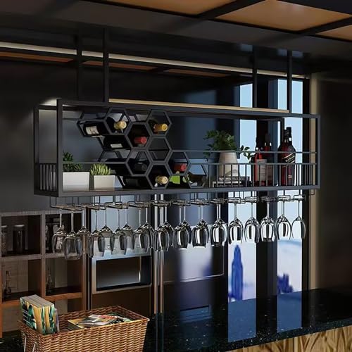 Support de vin suspendu avec support de verre et étagère de présentation pour bouteilles d'alcool - 6